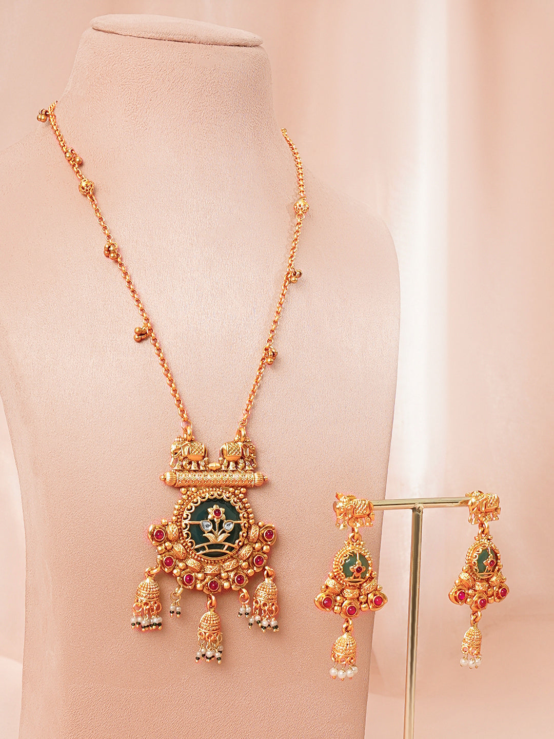 【Rubans】 Gold Plated Elephant Motif Kundan Pendant Set｜ゴールドメッキ エレファントモチーフ クンダン ペンダントセット
