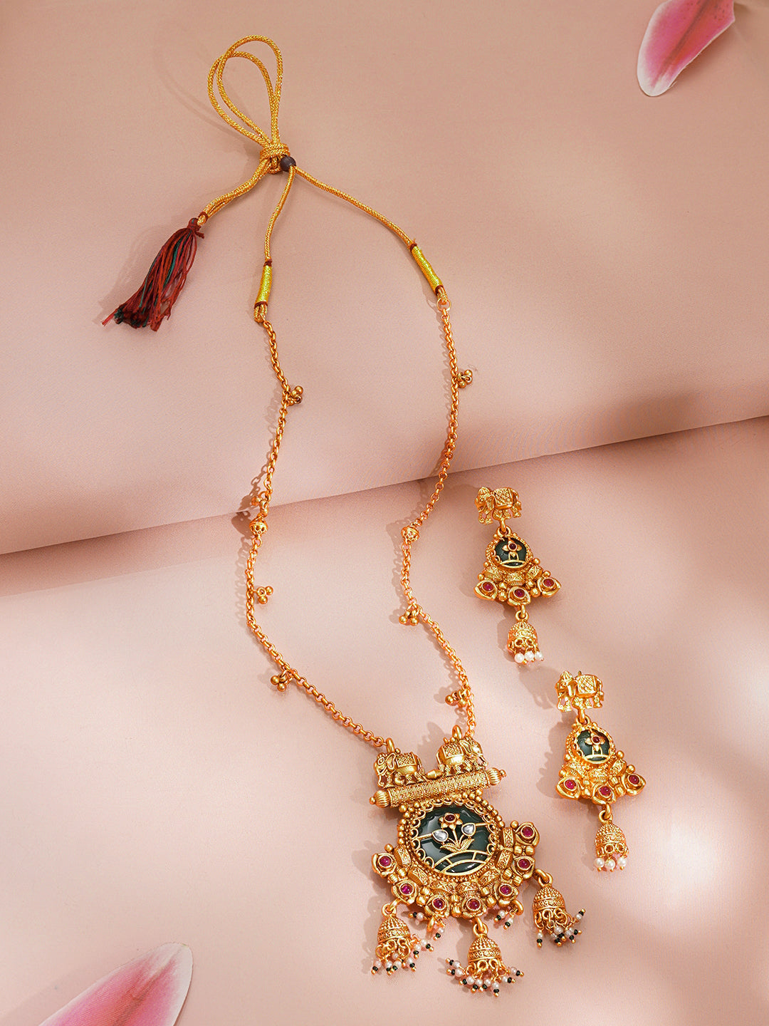 【Rubans】 Gold Plated Elephant Motif Kundan Pendant Set｜ゴールドメッキ エレファントモチーフ クンダン ペンダントセット