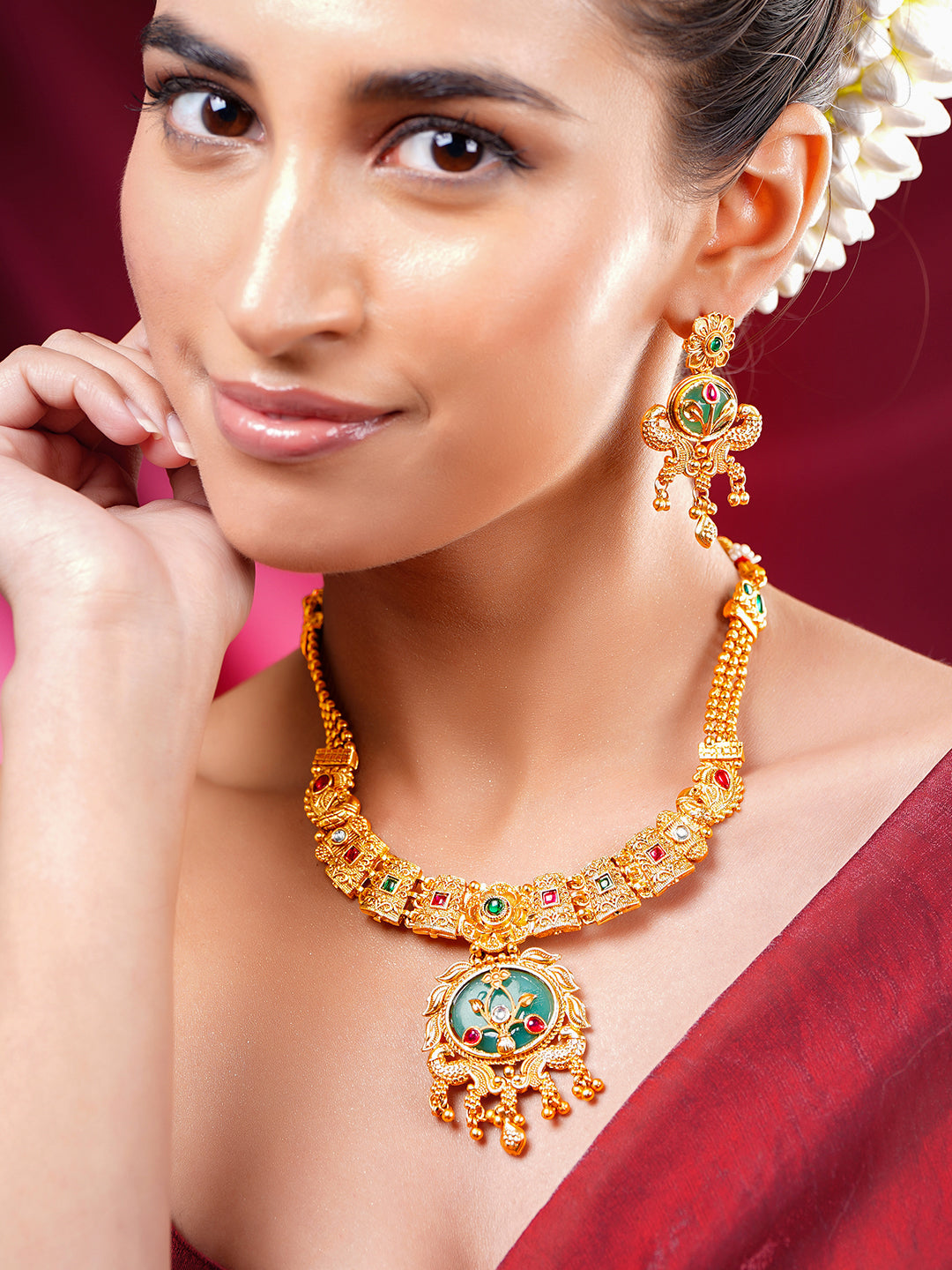 【Rubans】 Gold Plated Peacock Motif Floral Emerald Green Necklace Set｜ゴールドメッキ ピーコック フローラル エメラルドグリーン ネックレスセット