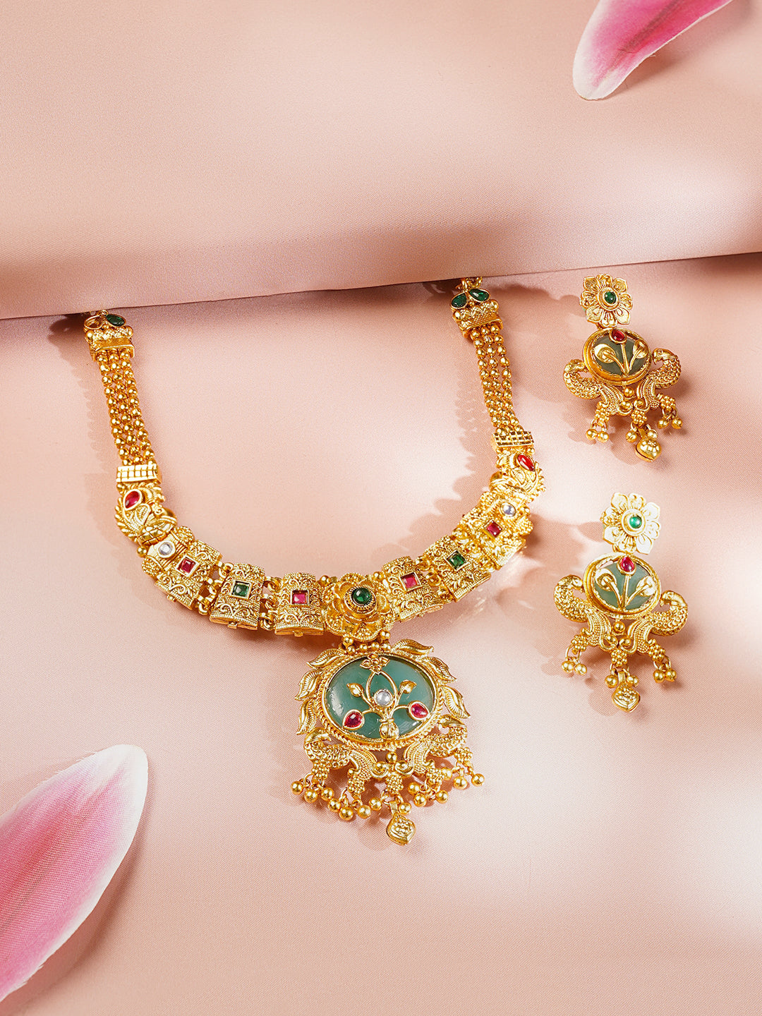 【Rubans】 Gold Plated Peacock Motif Floral Emerald Green Necklace Set｜ゴールドメッキ ピーコック フローラル エメラルドグリーン ネックレスセット