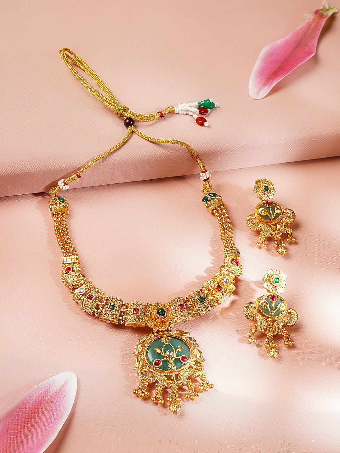 【Rubans】 Gold Plated Peacock Motif Floral Emerald Green Necklace Set｜ゴールドメッキ ピーコック フローラル エメラルドグリーン ネックレスセット