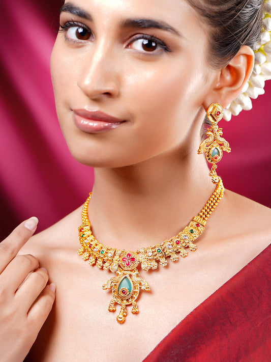 【Rubans】 Gold Plated Peacock Motif Floral Necklace Set｜ゴールドメッキ ピーコックモチーフ フローラル ネックレスセット