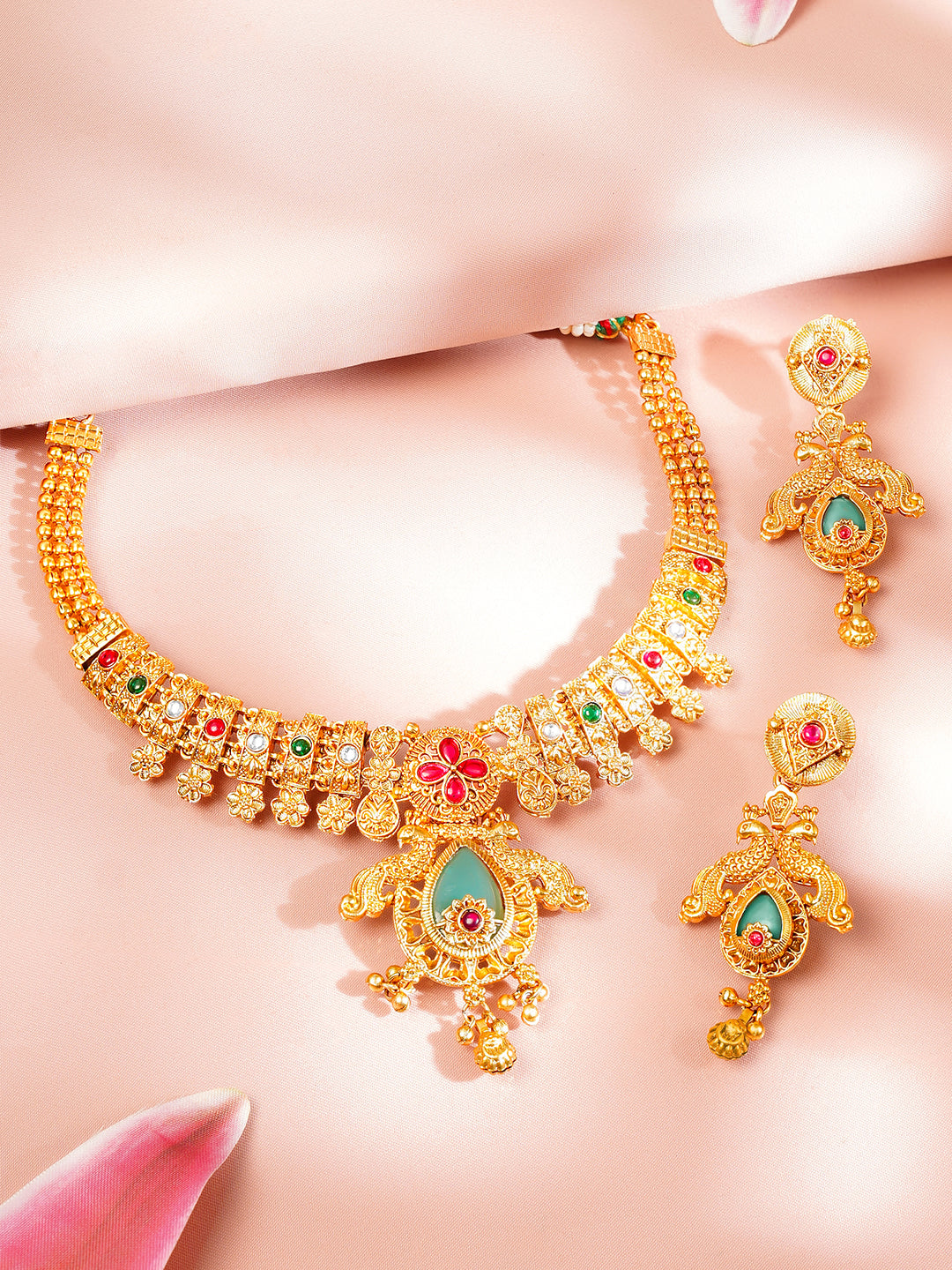 【Rubans】 Gold Plated Peacock Motif Floral Necklace Set｜ゴールドメッキ ピーコックモチーフ フローラル ネックレスセット