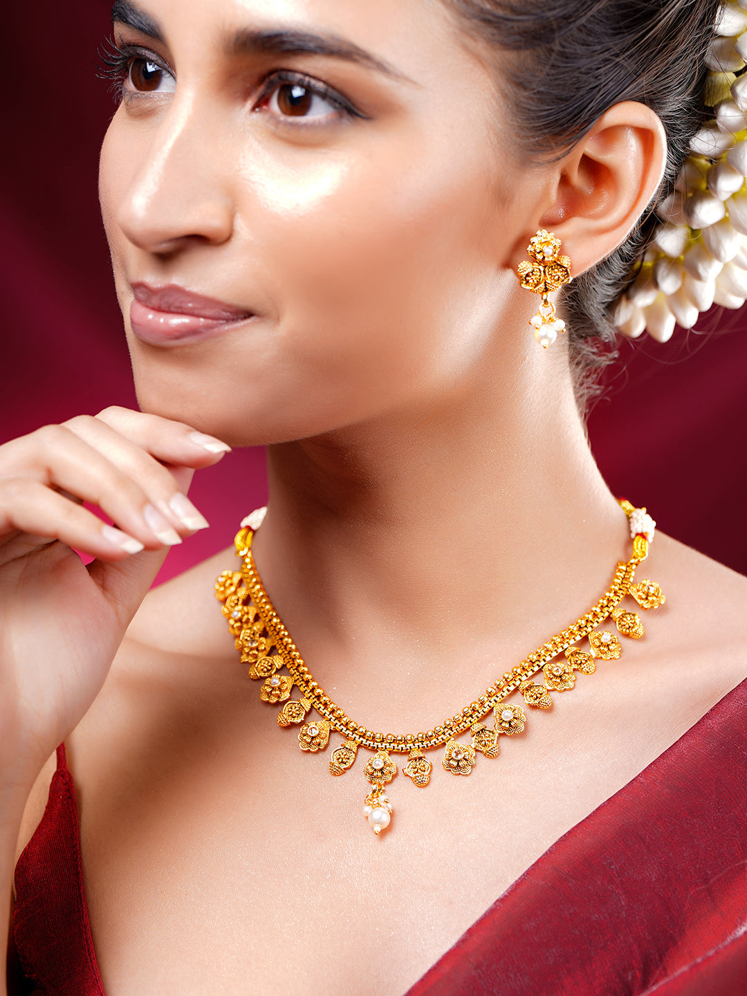 【Rubans】 Gold Plated Floral Necklace Set with Pearl Drops｜ゴールドメッキ フローラル パールドロップ ネックレスセット
