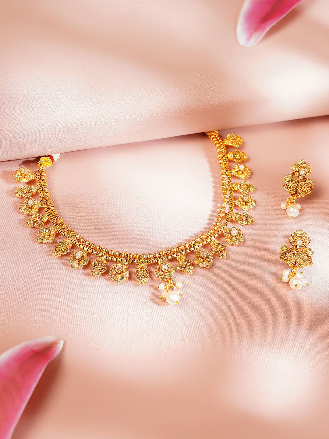 【Rubans】 Gold Plated Floral Necklace Set with Pearl Drops｜ゴールドメッキ フローラル パールドロップ ネックレスセット