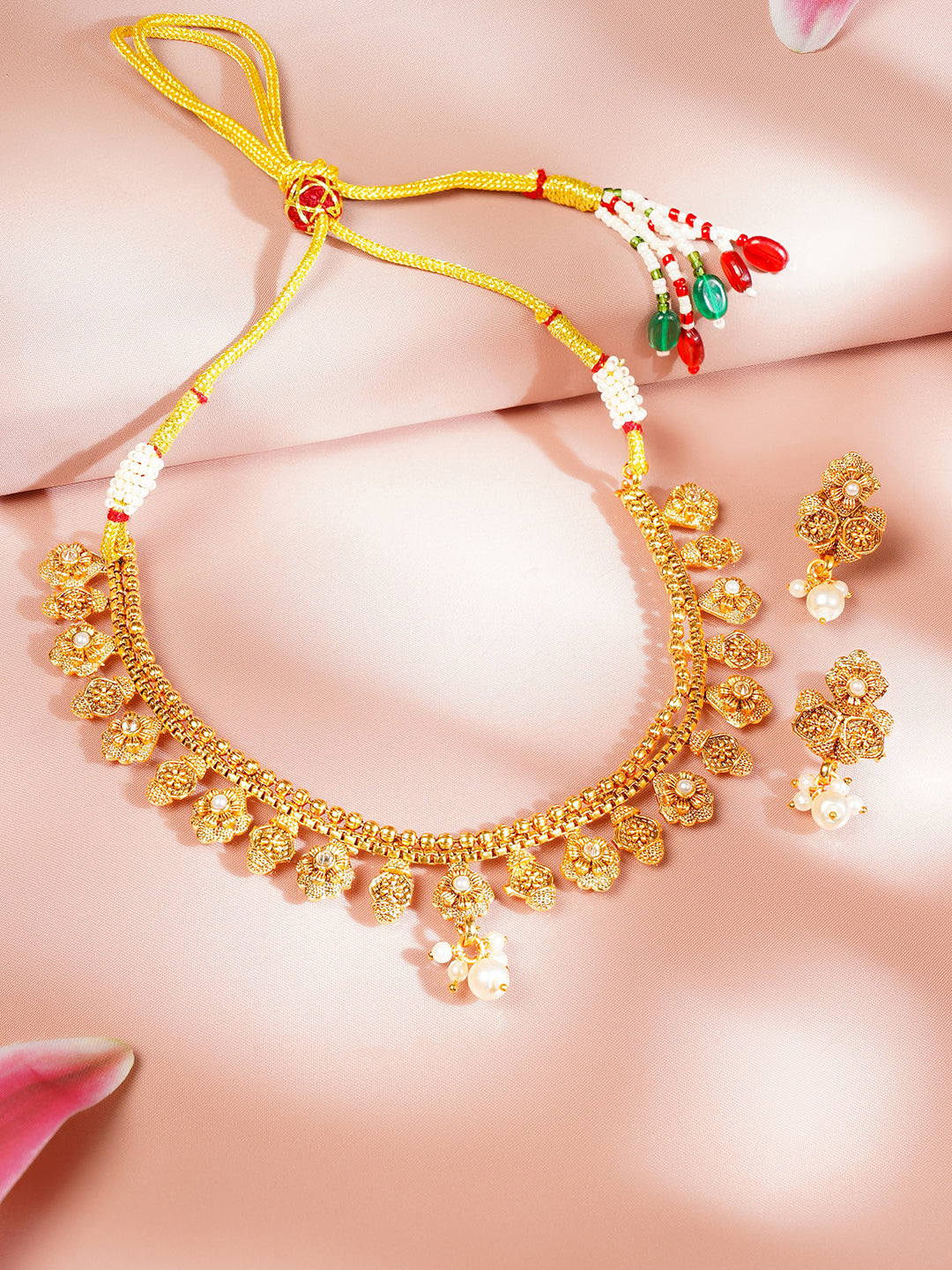 【Rubans】 Gold Plated Floral Necklace Set with Pearl Drops｜ゴールドメッキ フローラル パールドロップ ネックレスセット