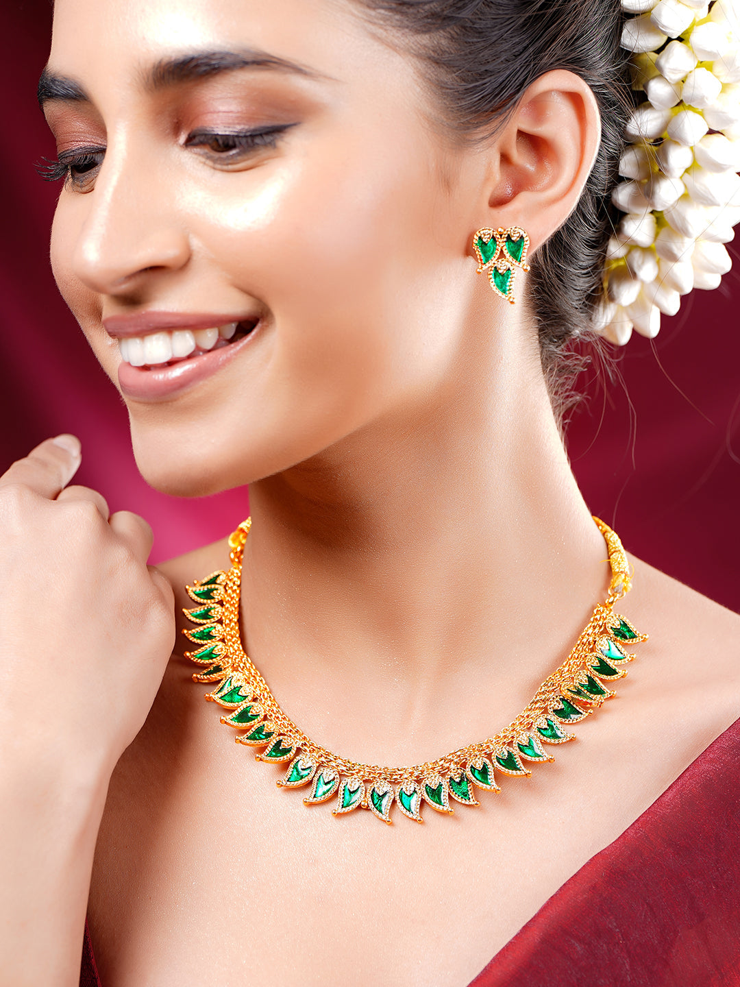 【Rubans】 Gold Plated Leaf Drop Emerald Necklace Set｜ゴールドメッキ リーフドロップ エメラルド ネックレスセット