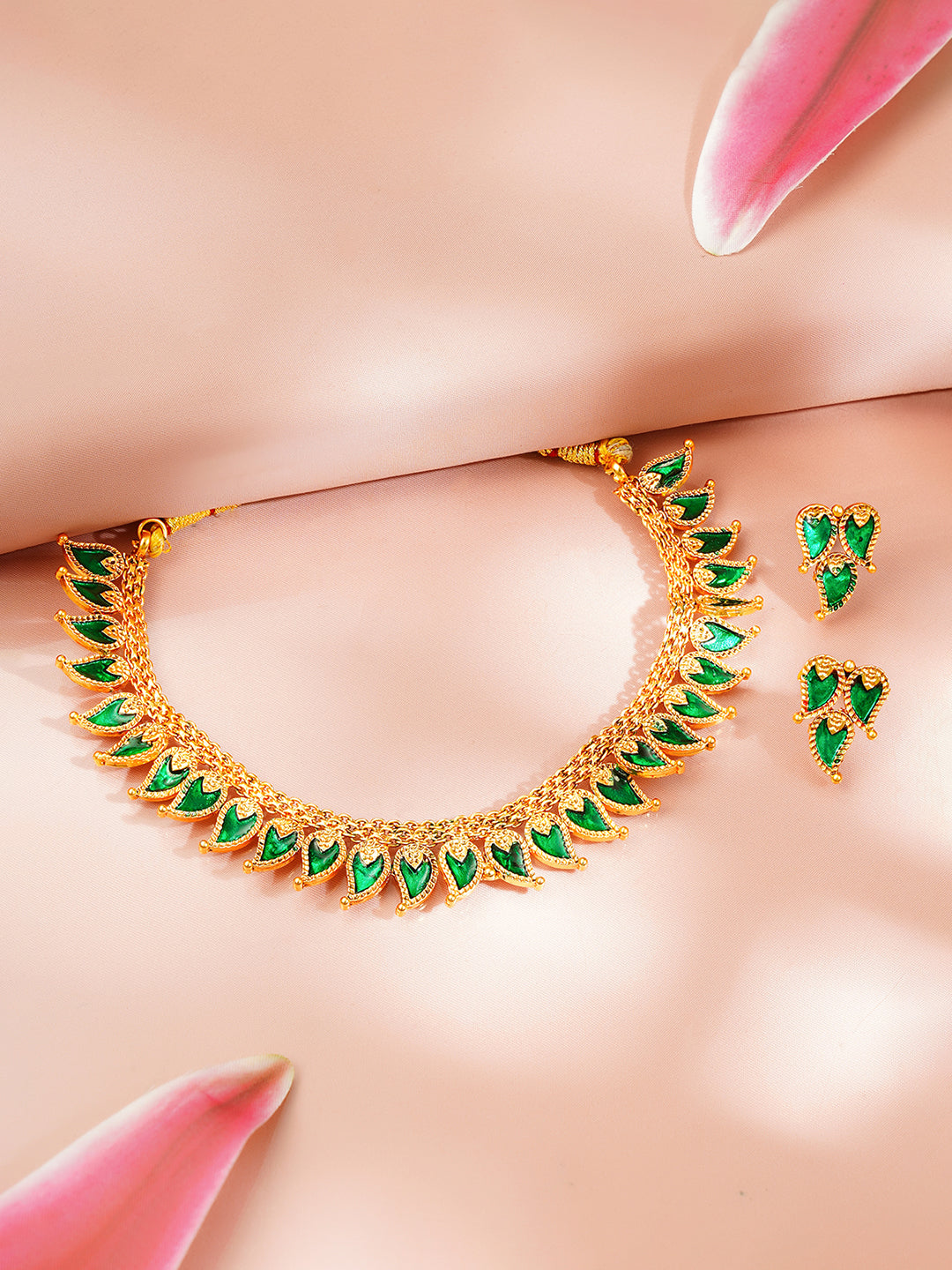 【Rubans】 Gold Plated Leaf Drop Emerald Necklace Set｜ゴールドメッキ リーフドロップ エメラルド ネックレスセット