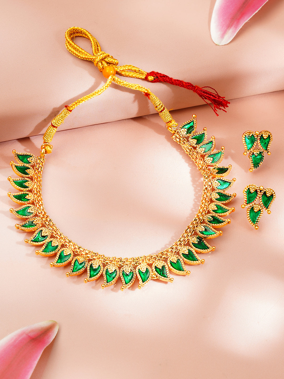 【Rubans】 Gold Plated Leaf Drop Emerald Necklace Set｜ゴールドメッキ リーフドロップ エメラルド ネックレスセット