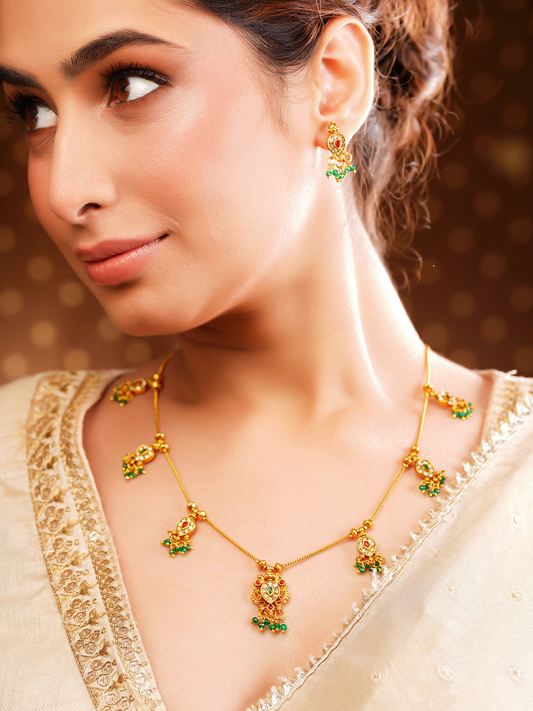 【Rubans】 Gold Plated Green Beaded Peacock Motif Necklace Set｜ゴールドメッキ グリーンビーズ 孔雀モチーフ ネックレスセット