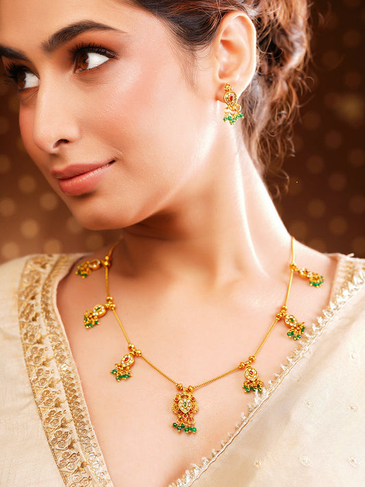 【Rubans】 Gold Plated Green Beaded Peacock Motif Necklace Set｜ゴールドメッキ グリーンビーズ 孔雀モチーフ ネックレスセット