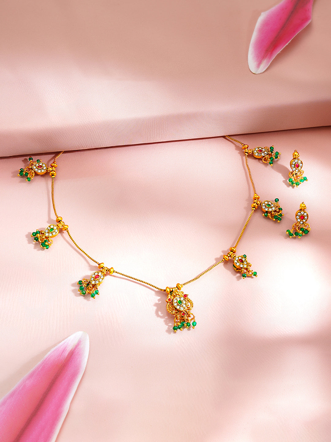 【Rubans】 Gold Plated Green Beaded Peacock Motif Necklace Set｜ゴールドメッキ グリーンビーズ 孔雀モチーフ ネックレスセット