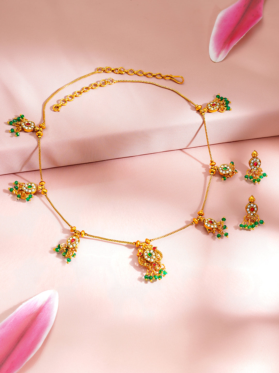 【Rubans】 Gold Plated Green Beaded Peacock Motif Necklace Set｜ゴールドメッキ グリーンビーズ 孔雀モチーフ ネックレスセット