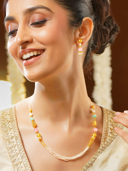 【Rubans】Gold Plated Pastel Bead and Multi-Strand Pearl Necklace Set｜ゴールドメッキ パステルビーズ マルチストランド パール ネックレスセット
