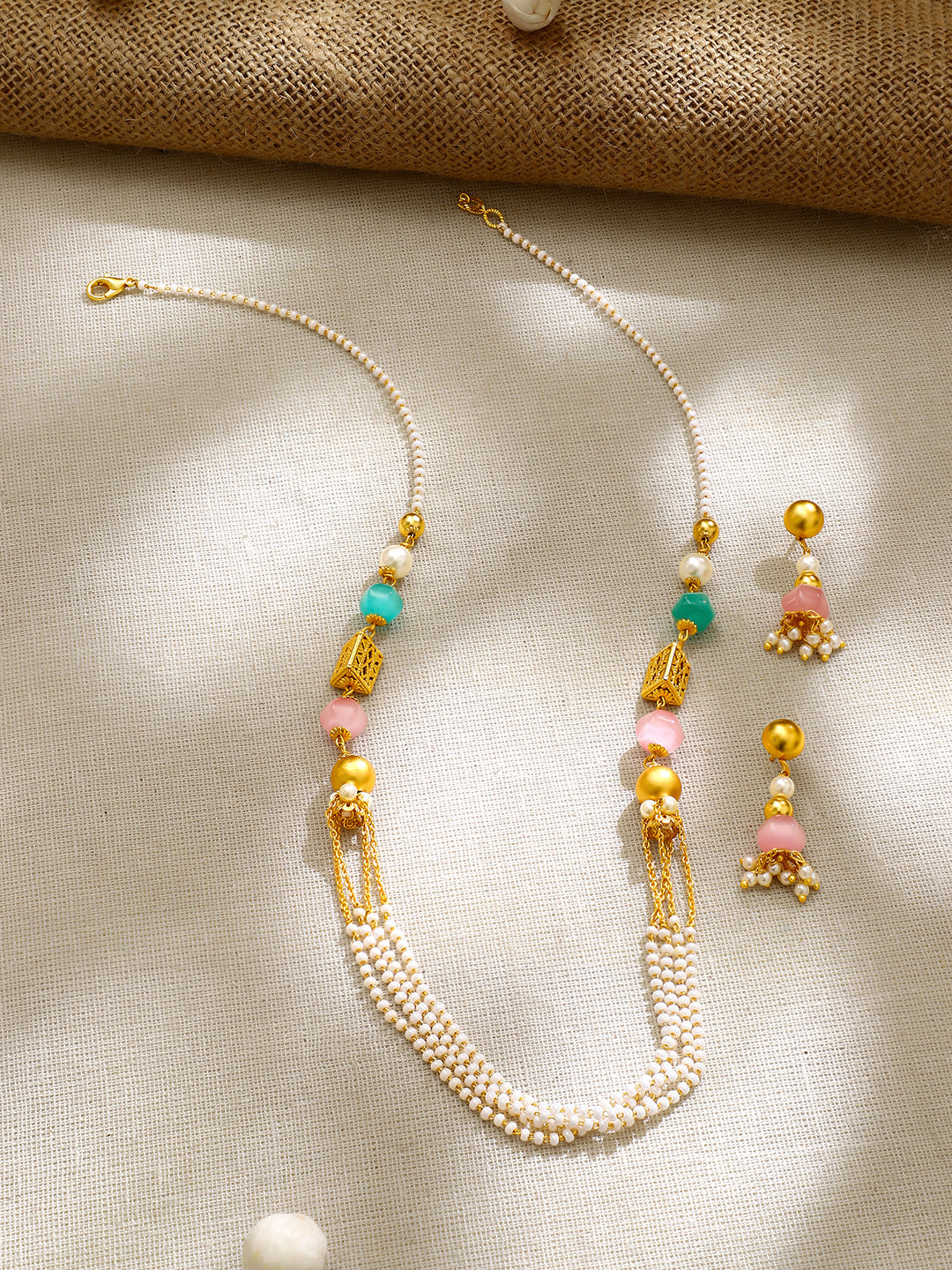 【Rubans】Gold Plated Pastel Bead and Multi-Strand Pearl Necklace Set｜ゴールドメッキ パステルビーズ マルチストランド パール ネックレスセット