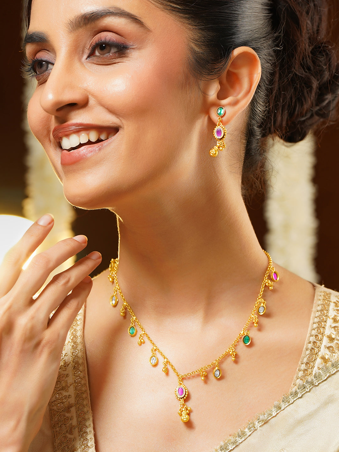 【Rubans】Gold Plated Ruby & Emerald Necklace and Earrings Set｜ゴールドメッキ ルビー エメラルド ネックレス＆ピアスセット