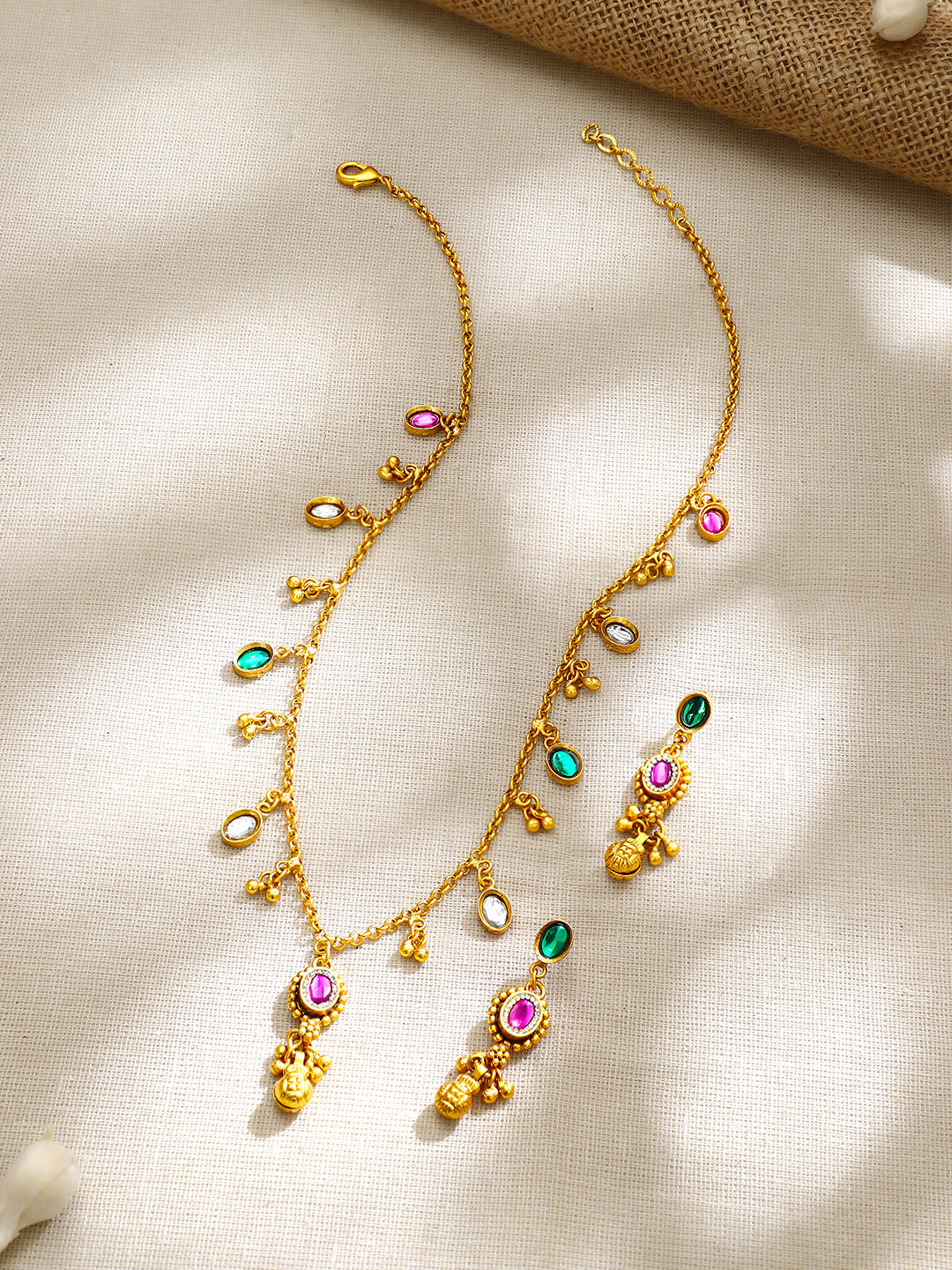 【Rubans】Gold Plated Ruby & Emerald Necklace and Earrings Set｜ゴールドメッキ ルビー エメラルド ネックレス＆ピアスセット