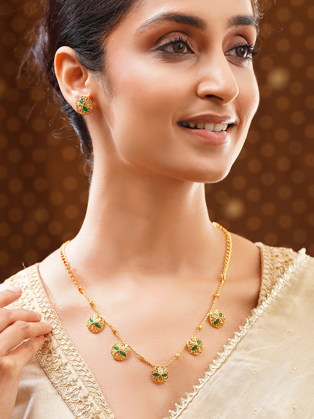 【Rubans】Gold Plated Emerald Petal Garden Floral Charm Necklace Set｜ゴールドメッキ エメラルド ペタルガーデン フローラル チャーム ネックレスセット