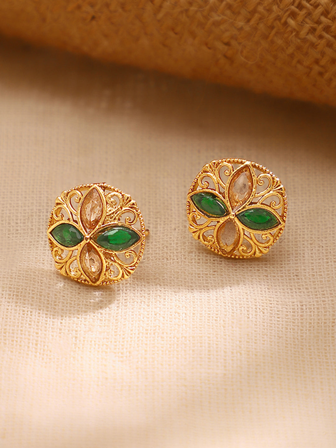 【Rubans】Gold Plated Emerald Petal Garden Floral Charm Necklace Set｜ゴールドメッキ エメラルド ペタルガーデン フローラル チャーム ネックレスセット
