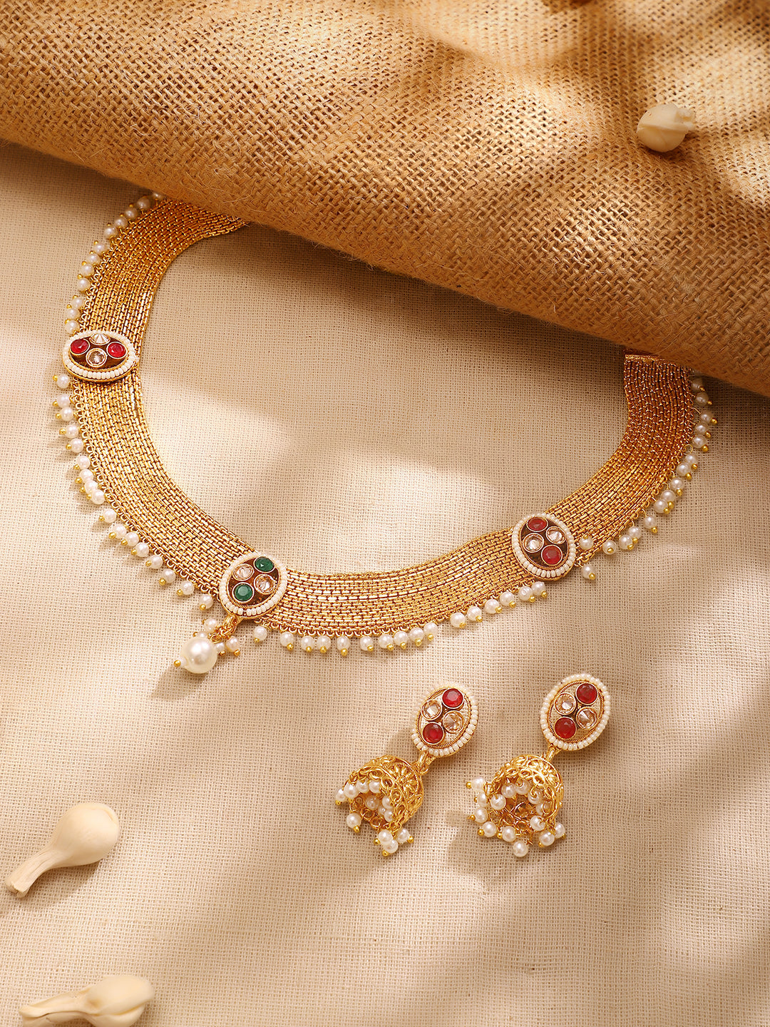 【Rubans】Gold Plated Weave Pearl Fringe Choker Jhumka Set｜ゴールドメッキ ウィーブ パール フリンジ チョーカー ジュムカセット