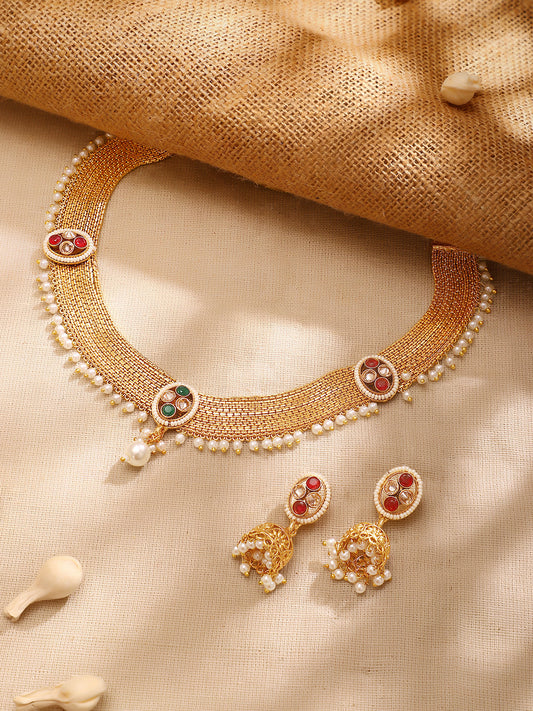 【Rubans】Gold Plated Weave Pearl Fringe Choker Jhumka Set｜ゴールドメッキ ウィーブ パール フリンジ チョーカー ジュムカセット