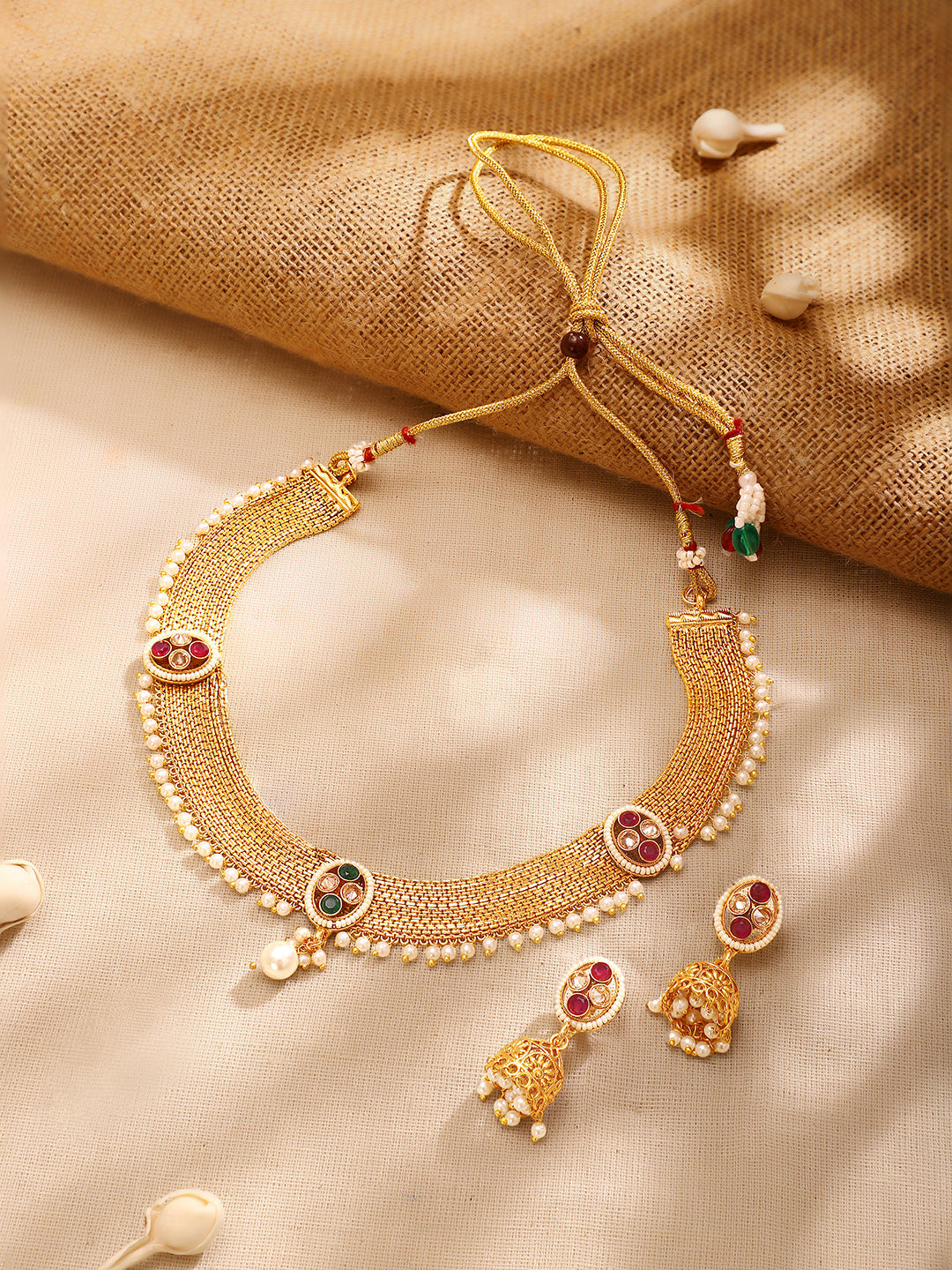 【Rubans】Gold Plated Weave Pearl Fringe Choker Jhumka Set｜ゴールドメッキ ウィーブ パール フリンジ チョーカー ジュムカセット
