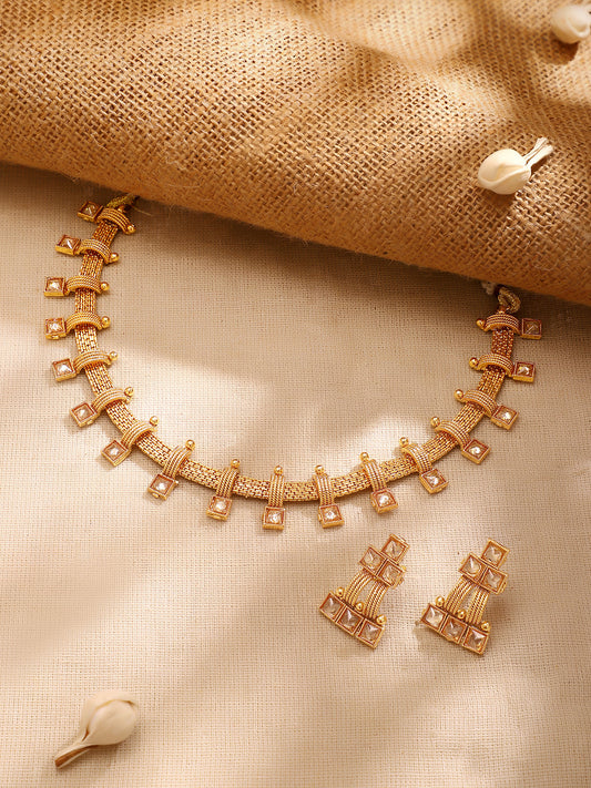【Rubans】Gold Plated Grid Kundan Square Mesh Choker Set｜ゴールドメッキ グリッド クンダン スクエア メッシュ チョーカーセット