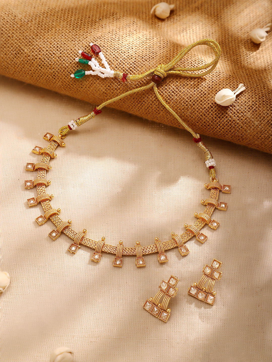 【Rubans】Gold Plated Grid Kundan Square Mesh Choker Set｜ゴールドメッキ グリッド クンダン スクエア メッシュ チョーカーセット
