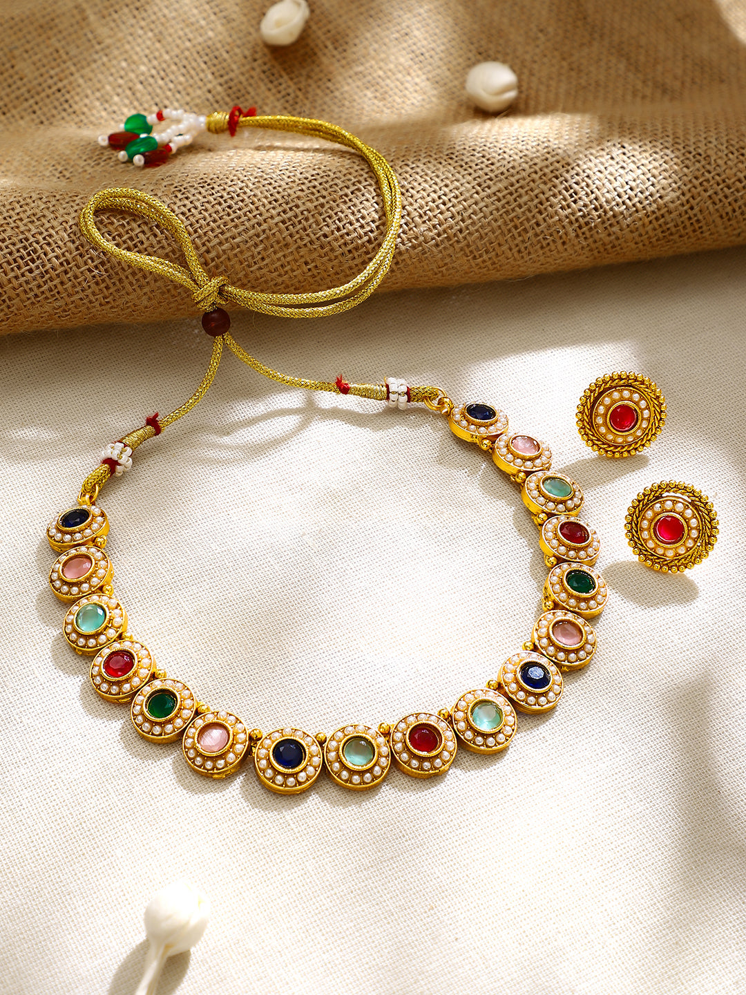 【Rubans】Gold Plated Rainbow Navratna Pearl Halo Choker Set｜ゴールドメッキ レインボー ナヴラトナ パール ヘイロー チョーカーセット