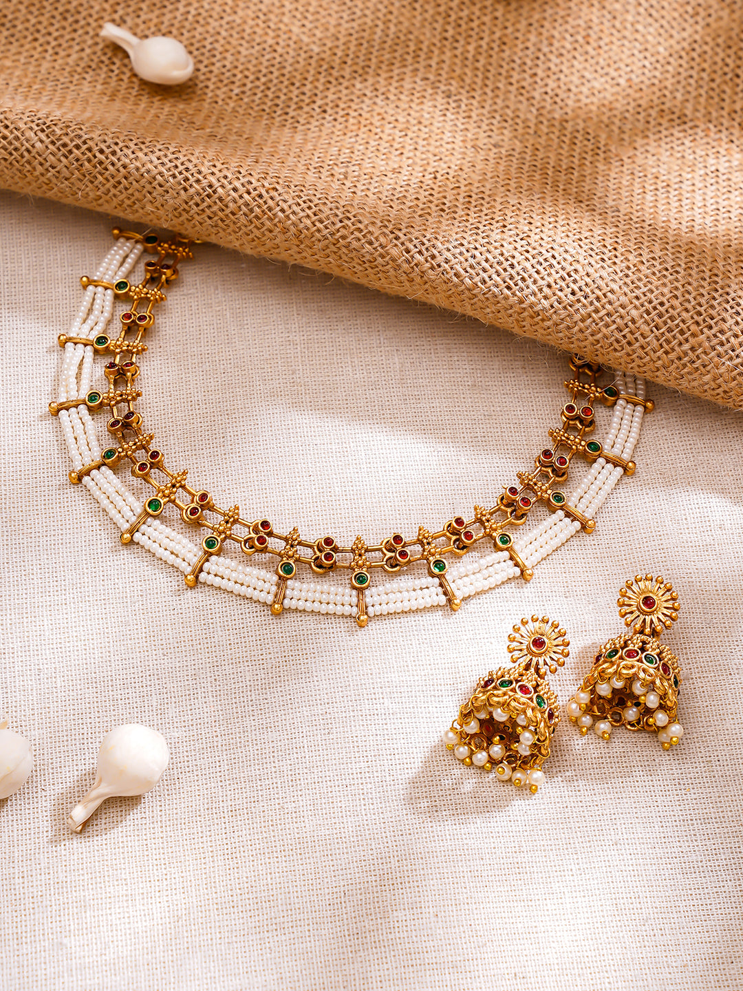 【Rubans】 Gold Plated Pink & Green Studded Pearl Beaded Dual Layered Choker Set｜ゴールドメッキ ピンク＆グリーン パールビーズ 2連 チョーカーセット