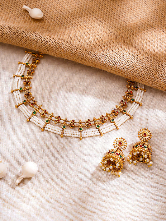 【Rubans】 Gold Plated Pink & Green Studded Pearl Beaded Dual Layered Choker Set｜ゴールドメッキ ピンク＆グリーン パールビーズ 2連 チョーカーセット