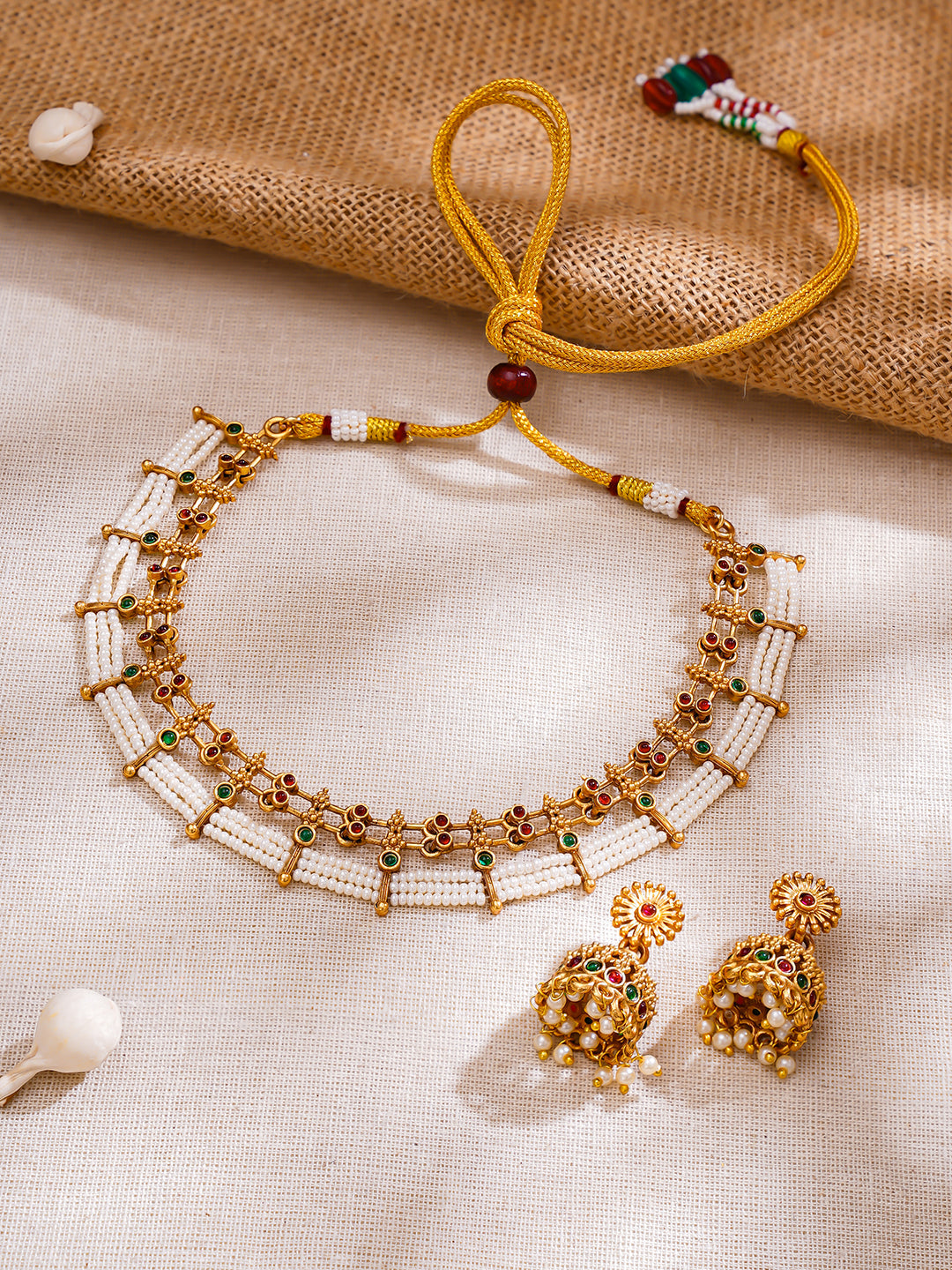 【Rubans】 Gold Plated Pink & Green Studded Pearl Beaded Dual Layered Choker Set｜ゴールドメッキ ピンク＆グリーン パールビーズ 2連 チョーカーセット