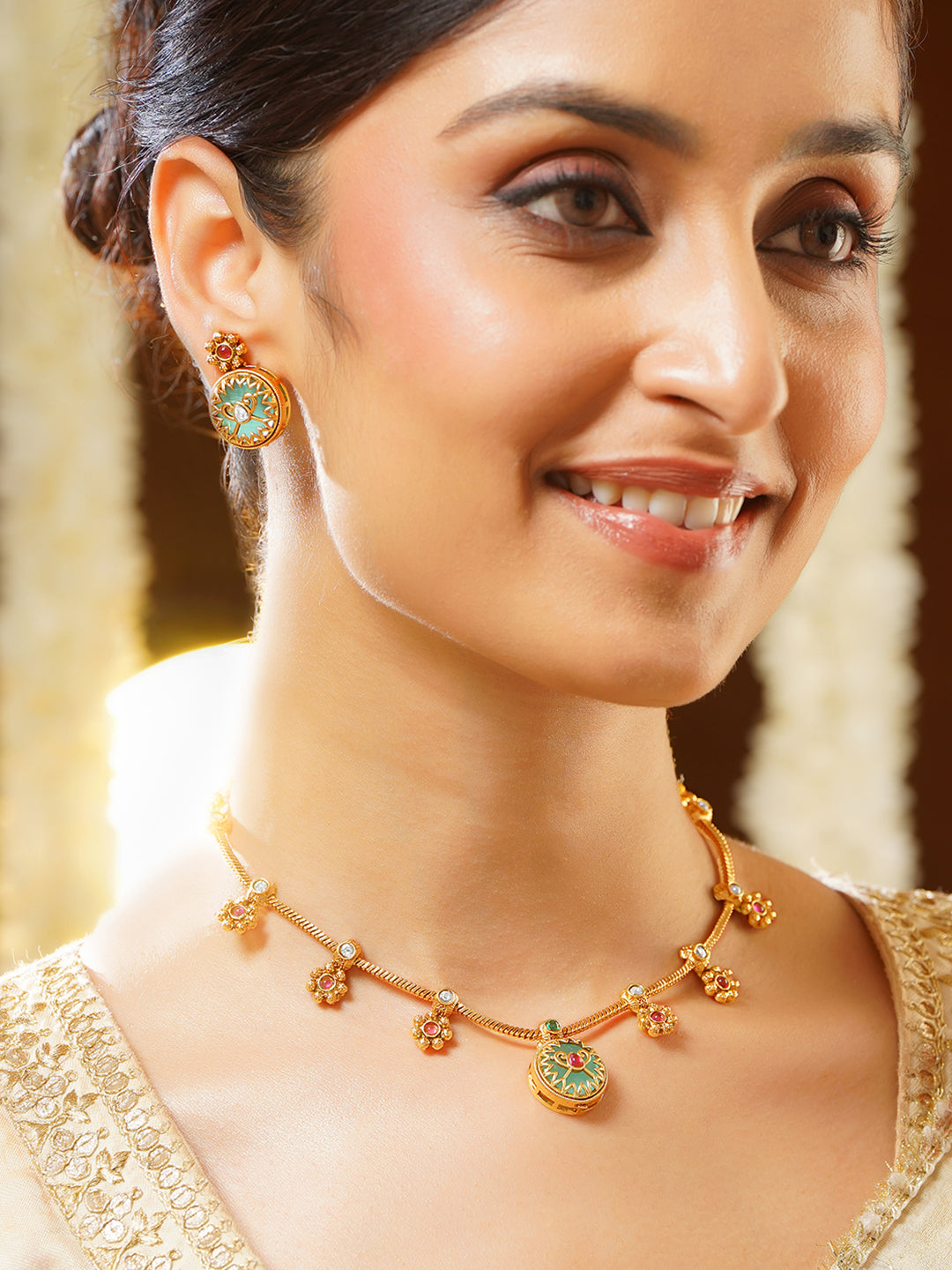 【Rubans】Gold Plated Bloom Meenakari Charm Necklace Set｜ゴールドメッキ ブルーム ミーナカリ チャーム ネックレスセット