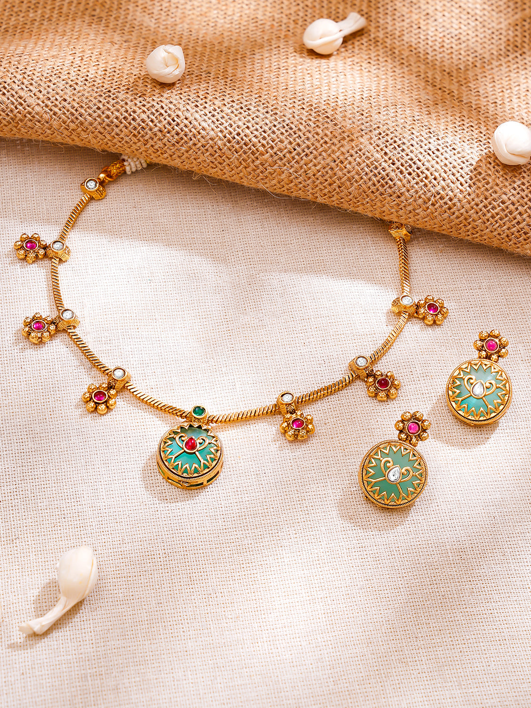【Rubans】Gold Plated Bloom Meenakari Charm Necklace Set｜ゴールドメッキ ブルーム ミーナカリ チャーム ネックレスセット