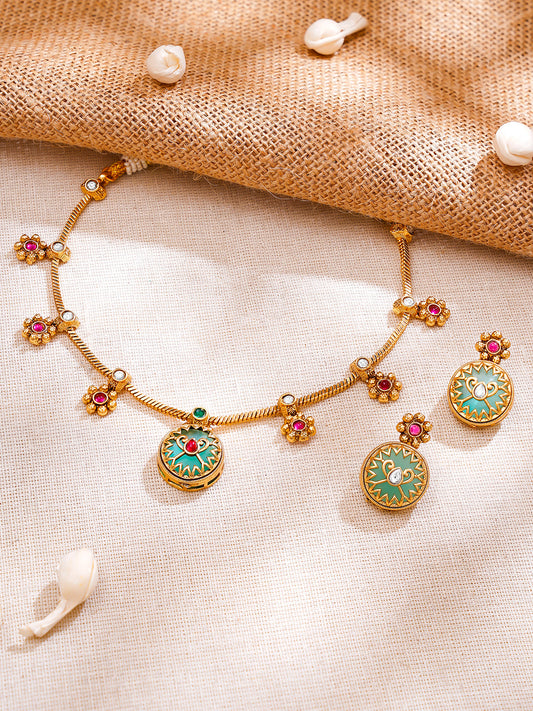 【Rubans】Gold Plated Bloom Meenakari Charm Necklace Set｜ゴールドメッキ ブルーム ミーナカリ チャーム ネックレスセット