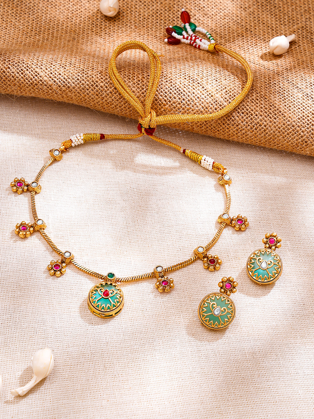 【Rubans】Gold Plated Bloom Meenakari Charm Necklace Set｜ゴールドメッキ ブルーム ミーナカリ チャーム ネックレスセット
