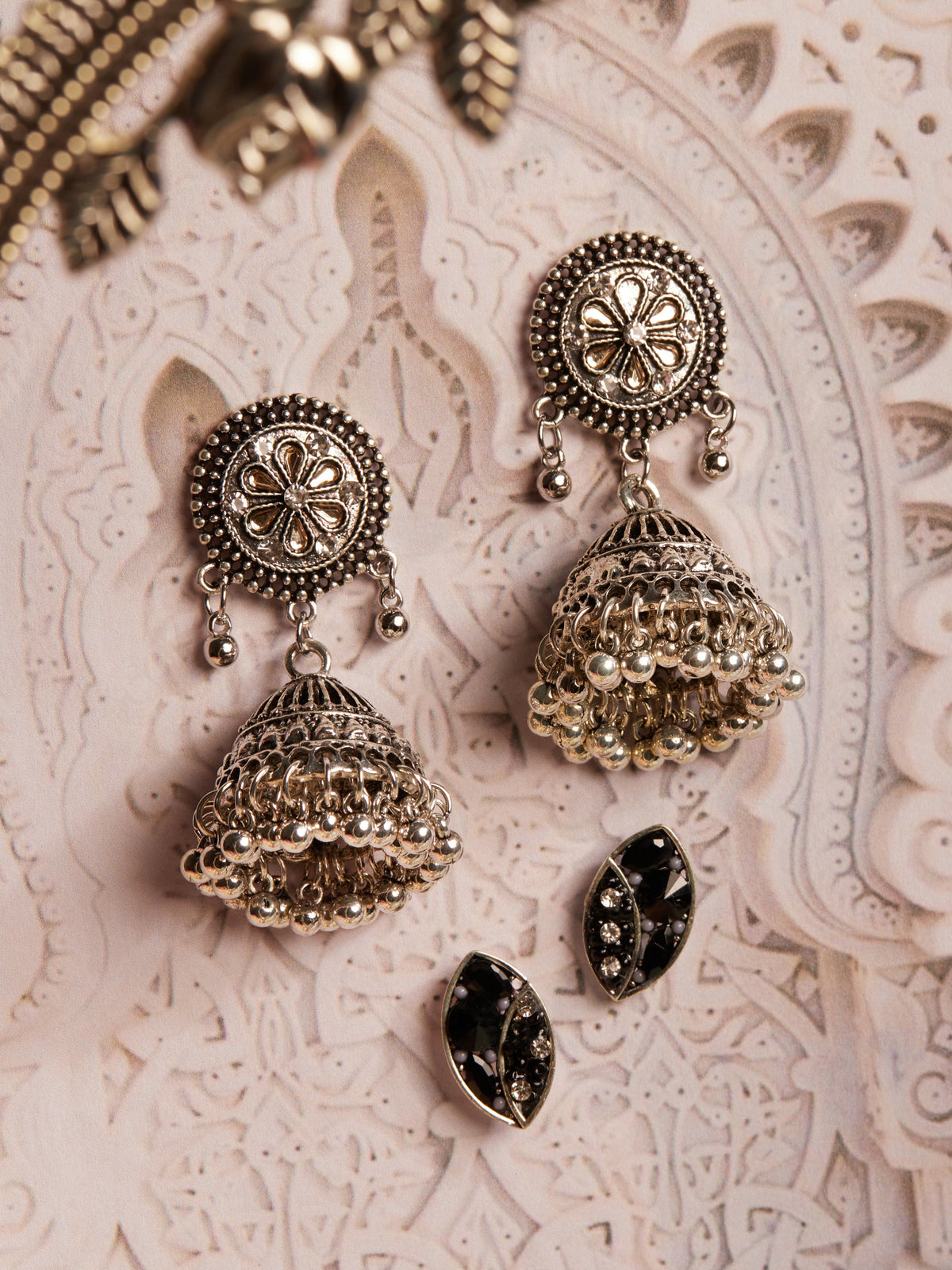 Rubans Silver Toned Oxidized Handcrafted Set of 2 Earrings Silver