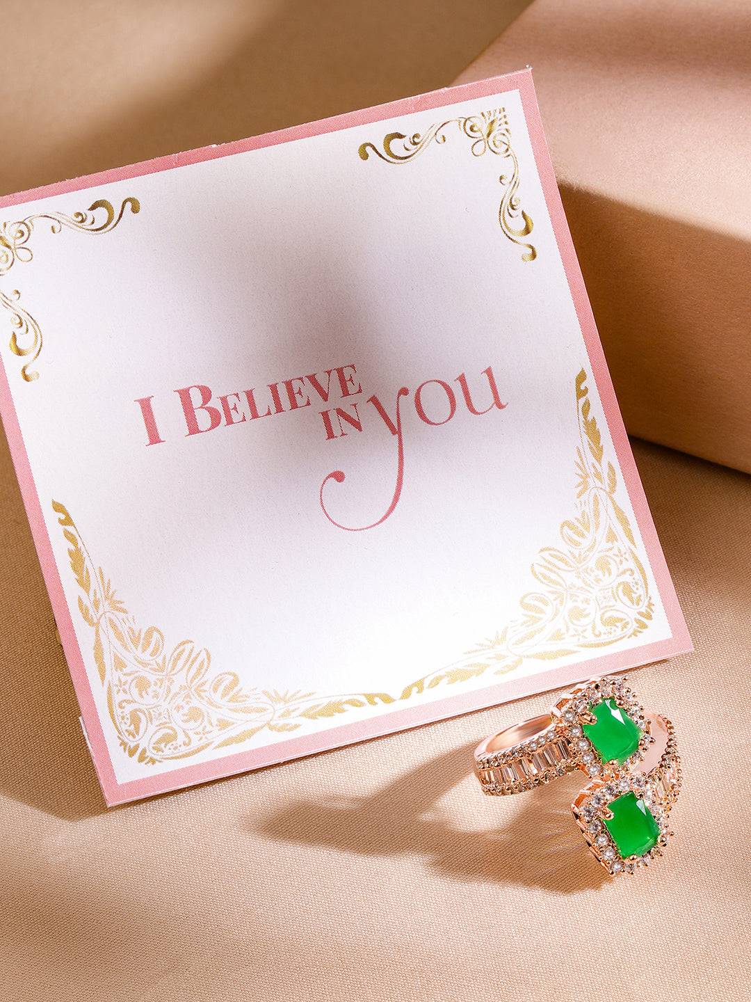 Green American Diamond Zirconia Rose Gold Ring Rose Gold::Green