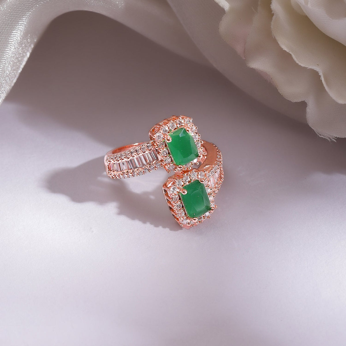 Green American Diamond Zirconia Rose Gold Ring Rose Gold::Green