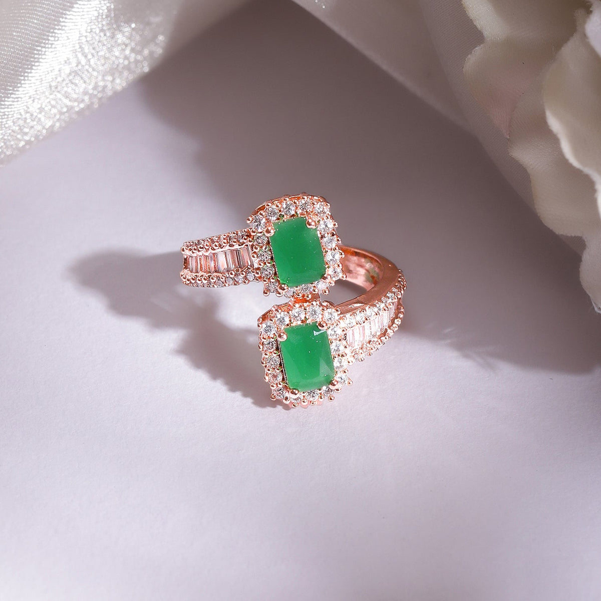 Green American Diamond Zirconia Rose Gold Ring Rose Gold::Green
