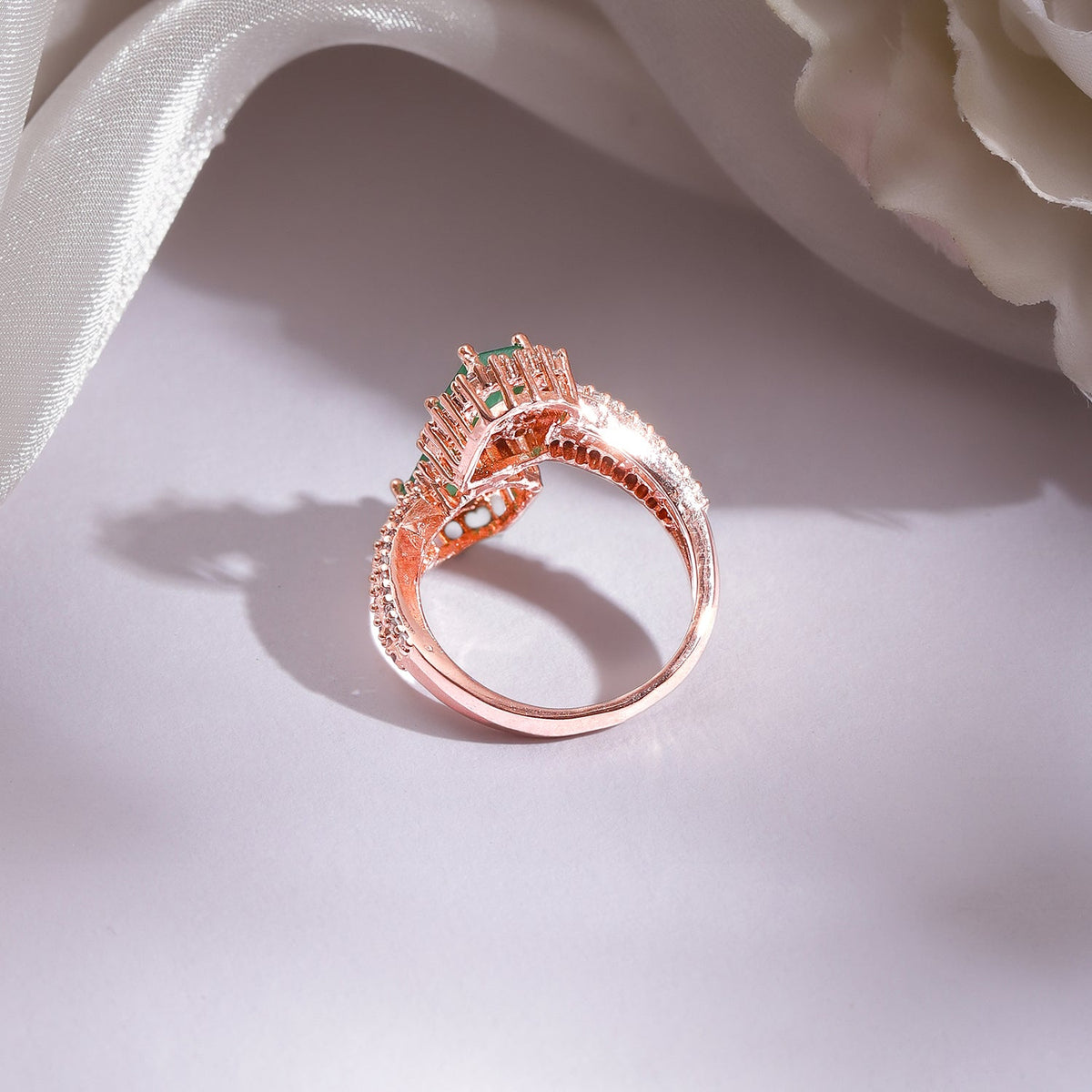 Green American Diamond Zirconia Rose Gold Ring Rose Gold::Green