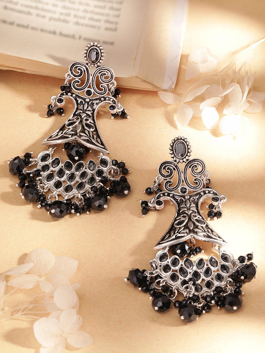 Rubans Silver Plated Black Stone Studded Earrings With Black Beads Silver