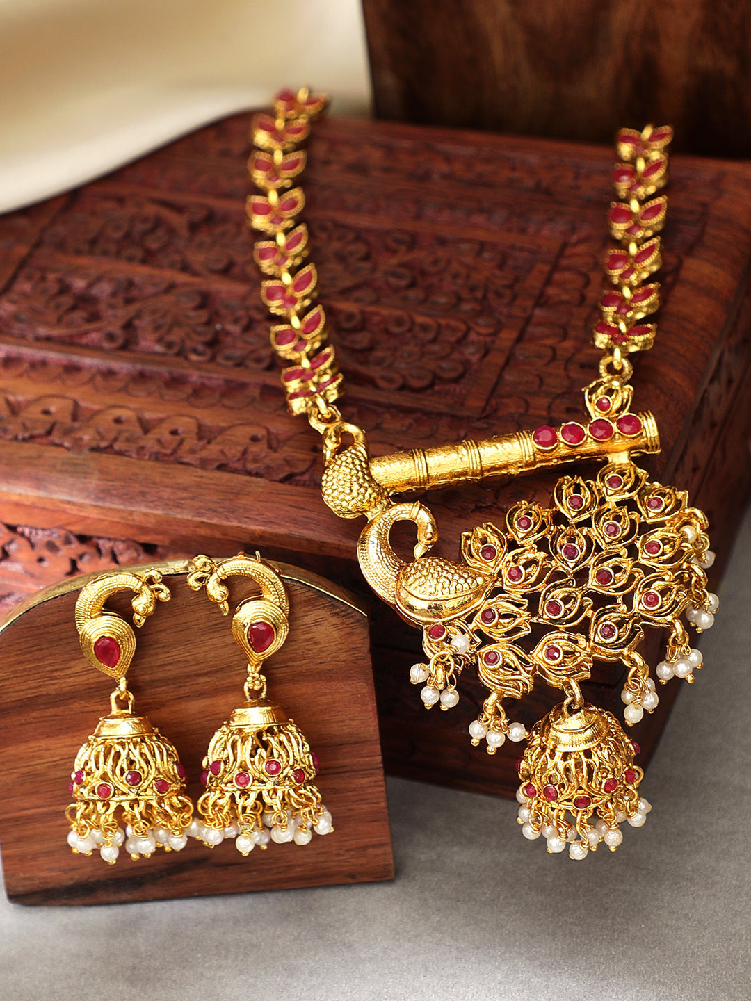 Rubans Gold Toned Peacock Embellished Necklace Set Pink