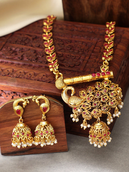 Rubans Gold Toned Peacock Embellished Necklace Set Pink
