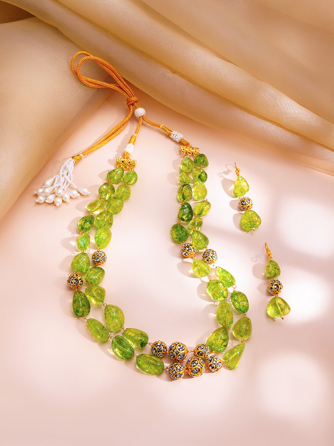 【Rubans】 Green Crystal Beaded Layered Statement Necklace Set｜グリーンクリスタル ビーズ レイヤード ステートメント ネックレスセット