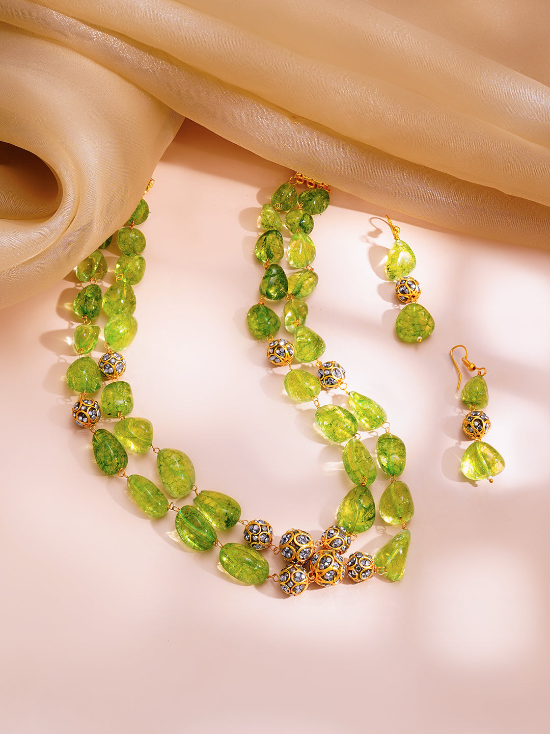 【Rubans】 Green Crystal Beaded Layered Statement Necklace Set｜グリーンクリスタル ビーズ レイヤード ステートメント ネックレスセット