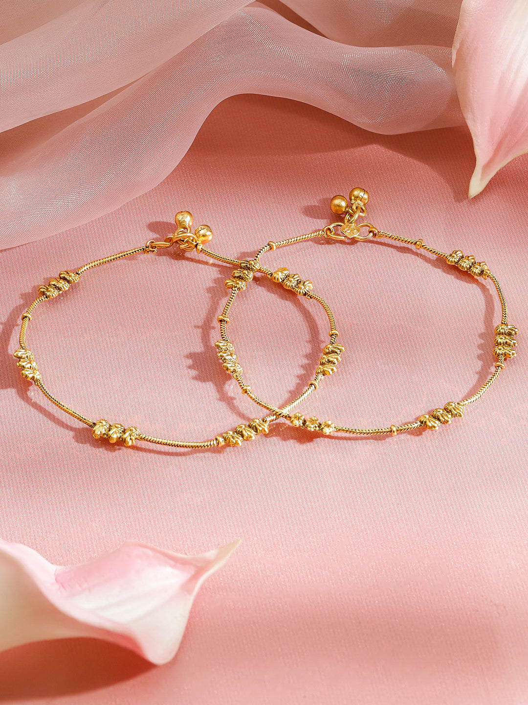 Gold Toned Anklet With Textured Beads フリーサイズ
