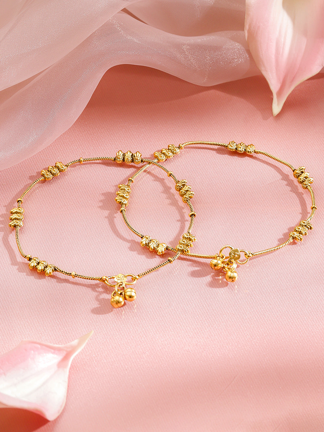 Gold Toned Anklet With Textured Beads フリーサイズ