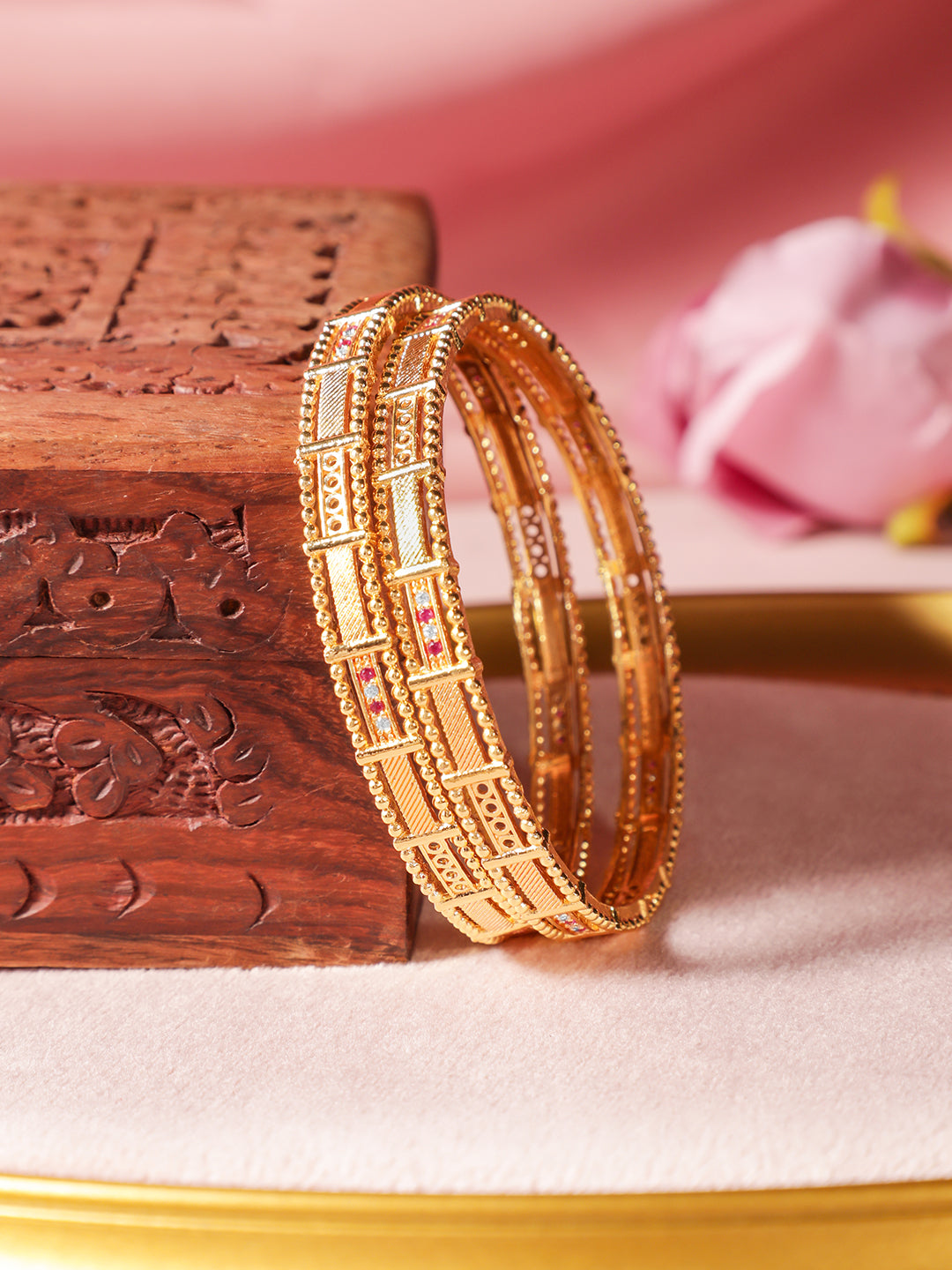 Rubans Set of 2, 18K Gold-Plated Rectangular Motif Bangles with Intricate Detailing 2.4 - Small
