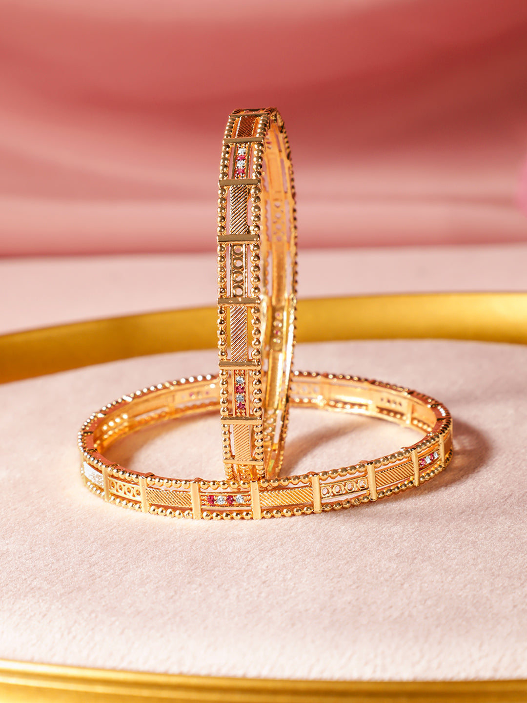 Rubans Set of 2, 18K Gold-Plated Rectangular Motif Bangles with Intricate Detailing 2.4 - Small